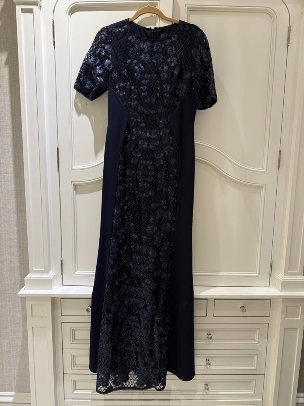 Adrianna Papell Navy Lace-Panel Maxi Dress